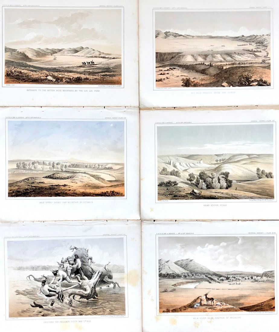JOHN MIX STANLEY, GUSTAVE SOHON Chromolithographs: All in this lot are 47th & 49th parallels by John Mix Stanley & Gustave Sohon. This collection contains: BIG HOLE PRAIRIE FROM THE NORTH, ENTRANCE TO THE BITTER ROOT MOUNTAINS, BY THE LOULOU FORK, MIL