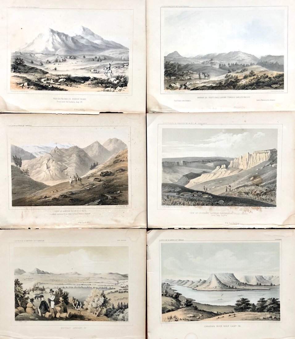 (6) Explorations & Surveys Chromolithographs Pacific: Various parallels by different artists. This collection contains: WAH-HA-TA-GAS OR SPANISH PEAKS,SANGRE DE CRISTO PASS LOOKING TOWARDS SAN LUIS VALLEY, VIEW OF ORDINARY LATERAL RAVINES ON GRAND RIVER,