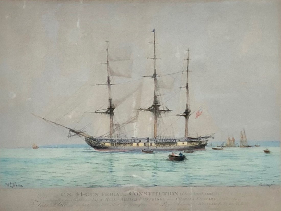 U.S. 44-Gun Frigate Constitution SIGNED By Both Artists: A US 44-gun frigate Constitution (Old Ironsides) hand colored lithograph by artist Harold L. Wyllie (British, 1880-1975). A naval painter, Wyllie is a founding member of the Society for Nautical Resea