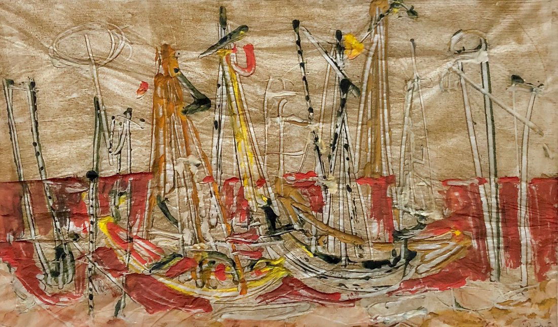 Illegibly Signed Modernist Harbor Scene Dated 1952 (1 of 4)