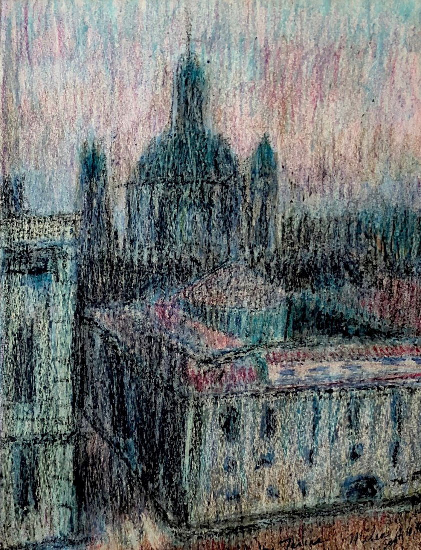 Illegibly Signed Mid-Century Pastel Of Milan Italy 1955 (1 of 4)