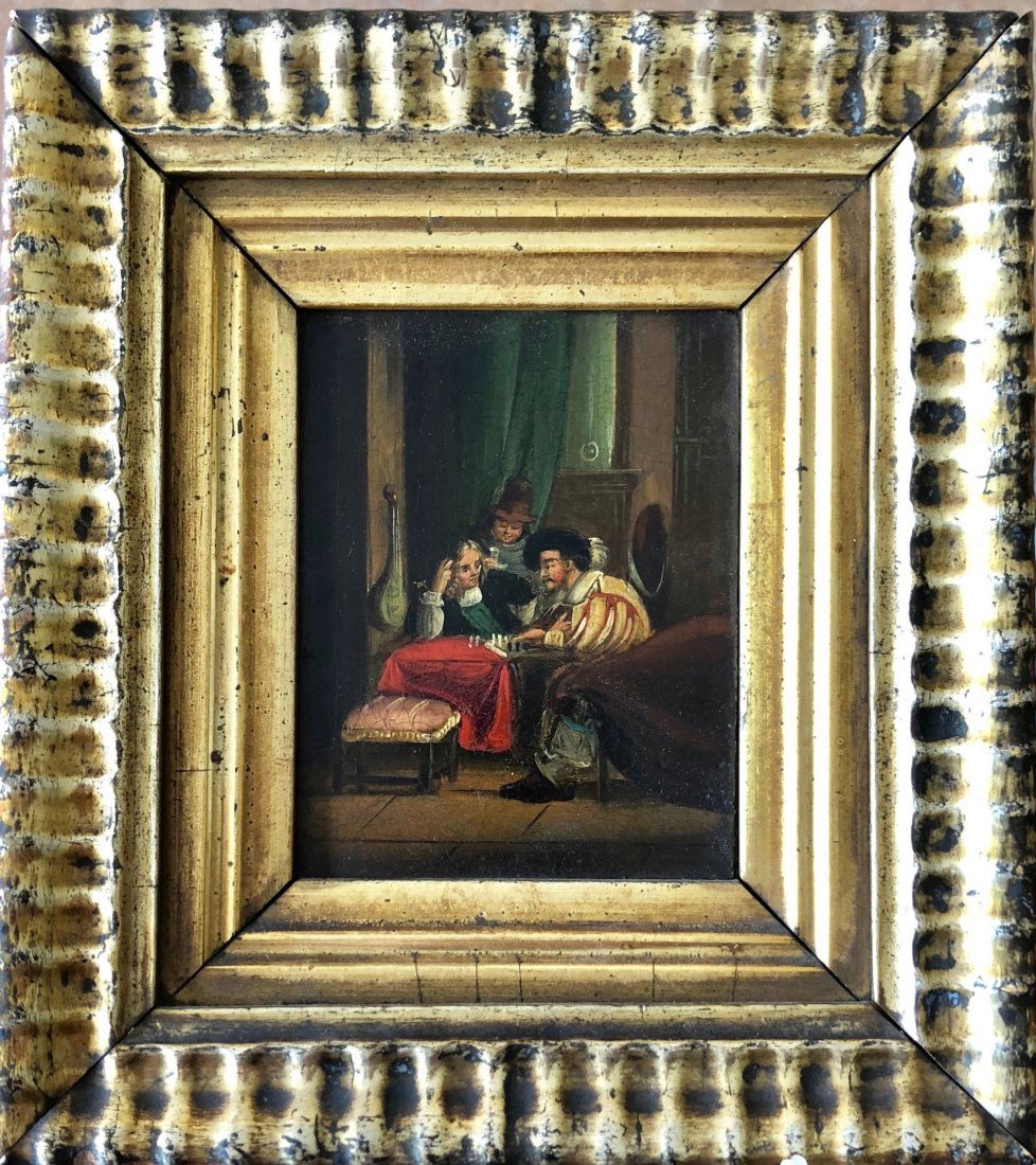 19th C Dutch Chess Scene Gold Gesso Frame (1 of 3)