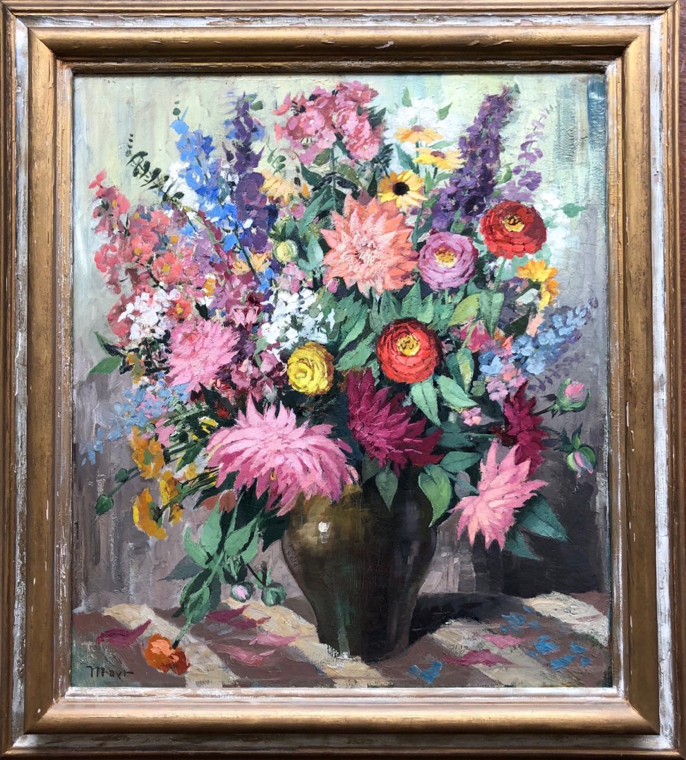 Karl Viktor Mayr (Austrian, 1881-1975) Still Life: Oil on masonite in heavy wood frame. 38 1/2 x 34 1/2 in. (Framed), 31 1/2 x 27 1/2 in. (Board)