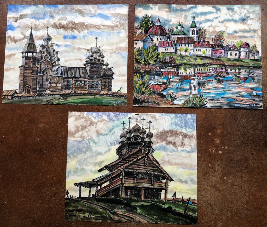 3 Illegibly Signed Odessa Ukraine Cathedral Watercolors: Watercolor on paper. 1980's. 23 1/2 x 19 1/2 in.