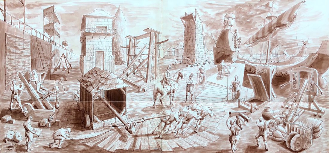 JAMES LANDGRAF (American, 20th C.) Spartan Scene: Early 20th century ink and marker drawing. Ancient Greek Spartan scene. This was from a portfolio from the artists. We believe he was a NJ artist who did illustrations for advertisements in the New Yo