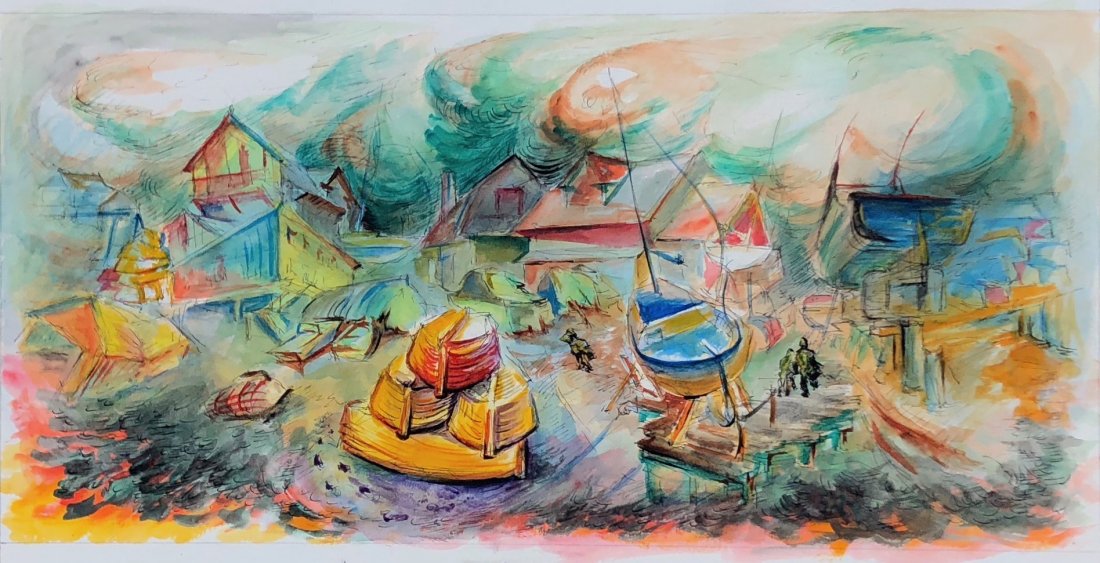 JAMES LANDGRAF (American, 20th C.) Boat Yard: Ink & gouache on paper. 20 x 12 in .This was from a portfolio of the artists. We believe he was a NJ artist who did illustrations for advertisements in the New York City area. Unsigned.