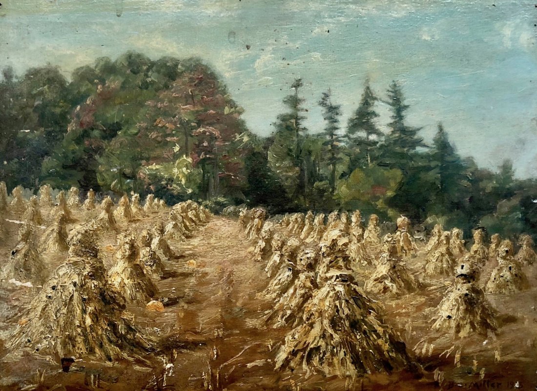 BELLE M MILLER (California, b.1862) Impressionist: Oil on wood. Landscape of a corn row dated 1913 and signed lower right. 14 x 10 1/4 in.