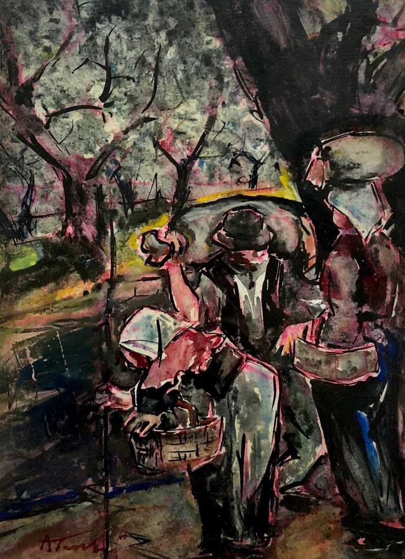 French Impressionist Park Scene Watercolor: Watercolor. Illegible signature (lower left). Framed in a beautiful antique gold gesso frame. 22 x 19 in. (Outer frame), 17 1/2 x 14 in. (Inner frame), 14 x 10 in. (Sight)