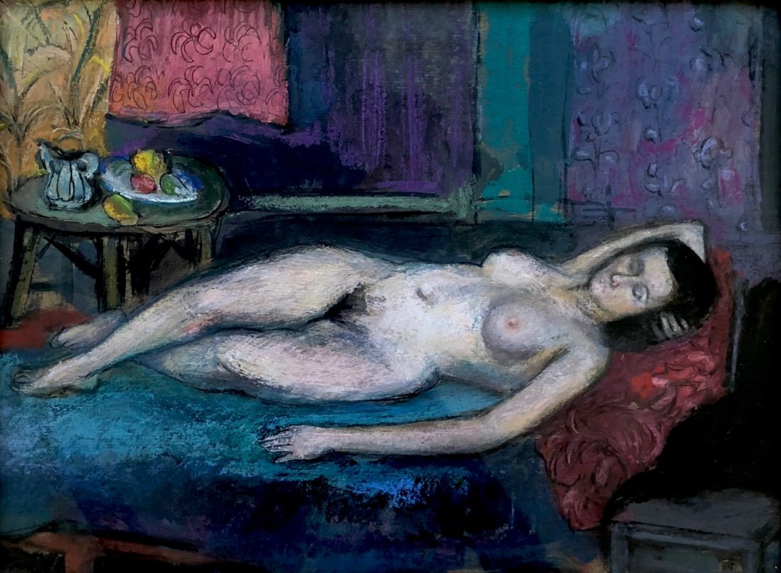 SOCRATES PERAKIS (20th c., American) Reclining Nude: Philadelphia modernist. Greek American. Oil & pastel on paper. 18 x 15 in. (Framed), 12 1/4 x 9 1/2 in. (Sight)