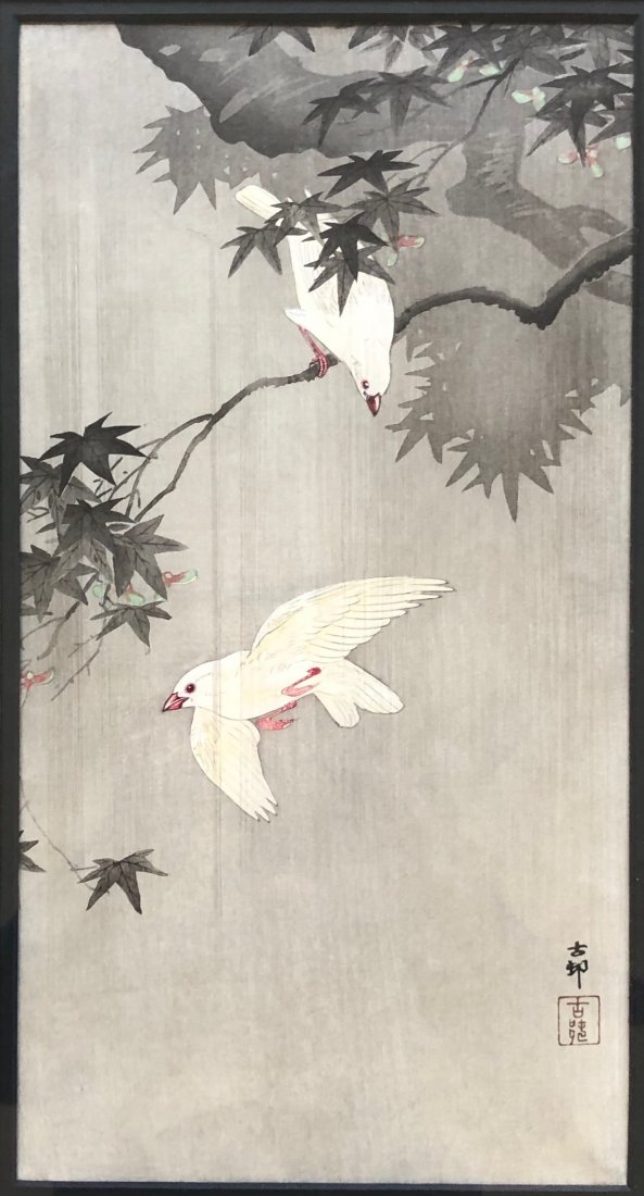 OHARA KOSON (1877-1945, Japan) Birds Woodcut: Birds in rain (1900-1936). 13 1/4 x 7 in. (image size), 20 x 14 in. (framed). He was a Japanese painter and print designer of the late 19th and early 20th centuries, part of the shin-hanga ("new print