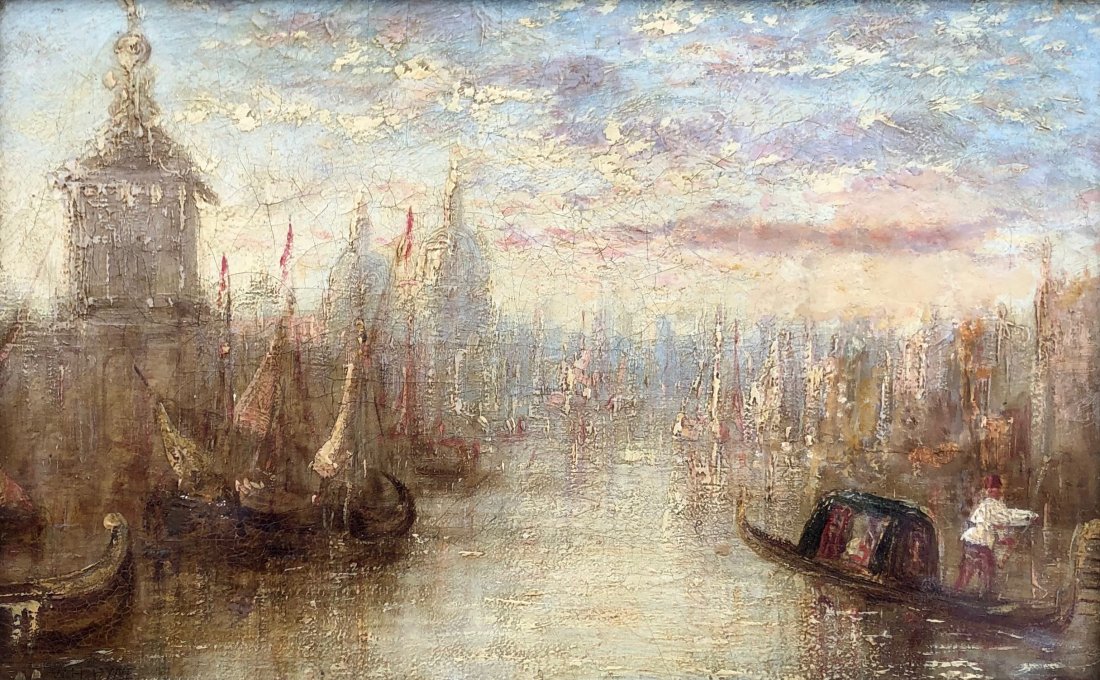 WILLIAM HENRY PYNE (1769-1843, UK) Impressionist: Oil on canvas. framed in have gold leafed frame. Restoration done to right side. 20 3/4 x15 1/2 in. (framed), 14 1/4 x 9 1/4 in. (canvas). Impressionist Venetian Scene.