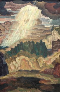 JOHN W. BENSON (American, 20th) National Academy Exh.: Brooklyn, New York modernist artist. Exhibited at National Academy of Design 1931, PAFA 1932. Oil on canvas. Modernist landscape. 34 x 24 in. (Framed), 30 x 20 in. (Canvas). Signed verso. Partial old