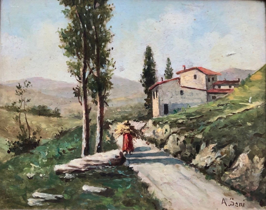 ALESSANDRO SANI (1856-1927, Italy) Landscape: Impressionist Italian landscape. Oil on board. 12 x 10 in. (framed).