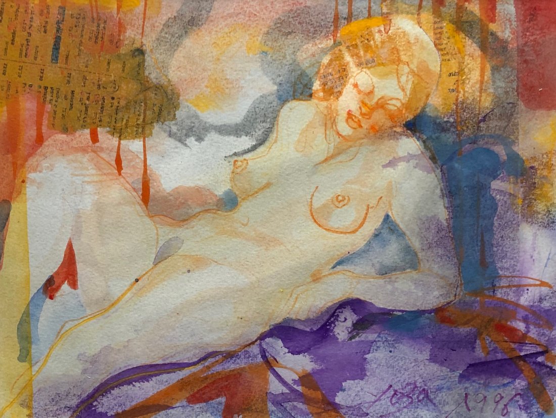 Illegibly Signed Modernist Reclining Nude: Mixed media on paper. 13 x 10 in.