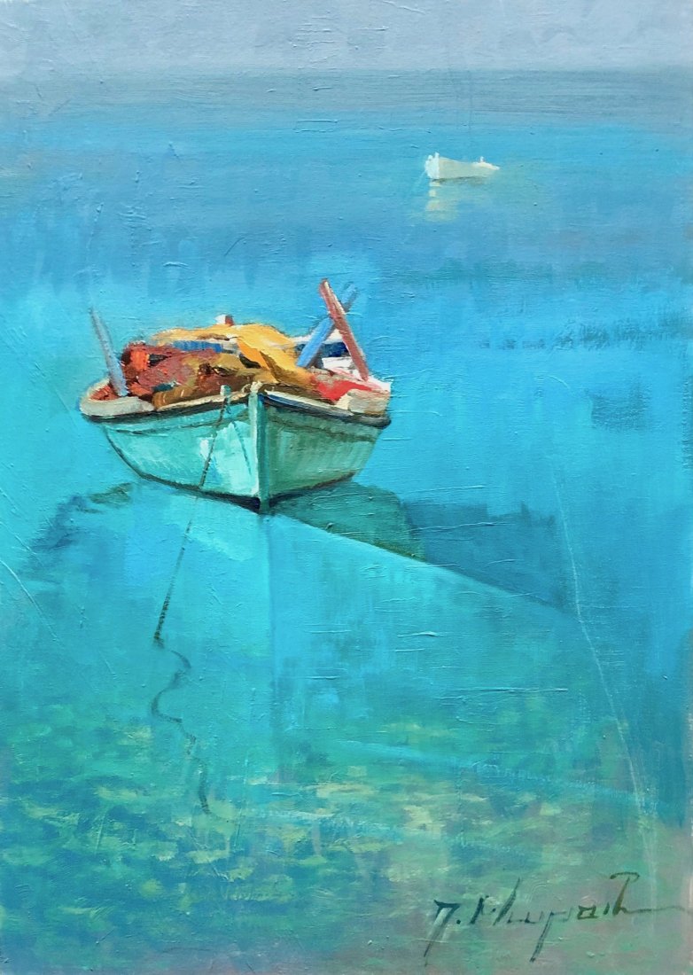 TAKIS MORAITIS (b. 1944, Greece) Aegean Seascape: Oil on canvas 27 1/2 x 19 1/2 in. Boats. Takis Moraitis hails from Cephallonia and Milos, taking up residence in Piraeus at the end of the sixties. A student of Greece, Rome and Paris, his obvious tal