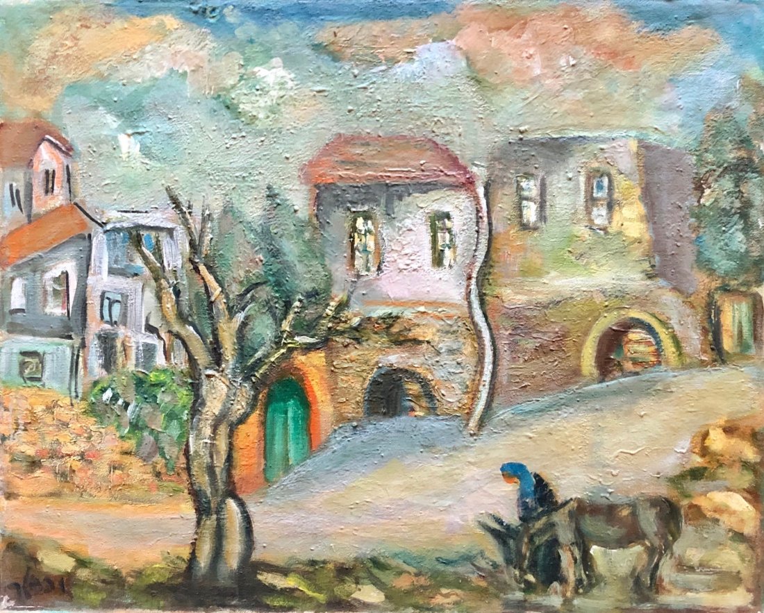 JACOB WEXLER (1912-1995, Israel, Latvia) Street Scene: Oil on canvas. Modernist. 26 1/2 x 21 in. Wexler studied art at the Academy of Hamburg, Germany. In 1933 he immigrated to Israel and joined Kibbutz Ein Hachoresh at Emek Hefer. After leaving the Kibbu