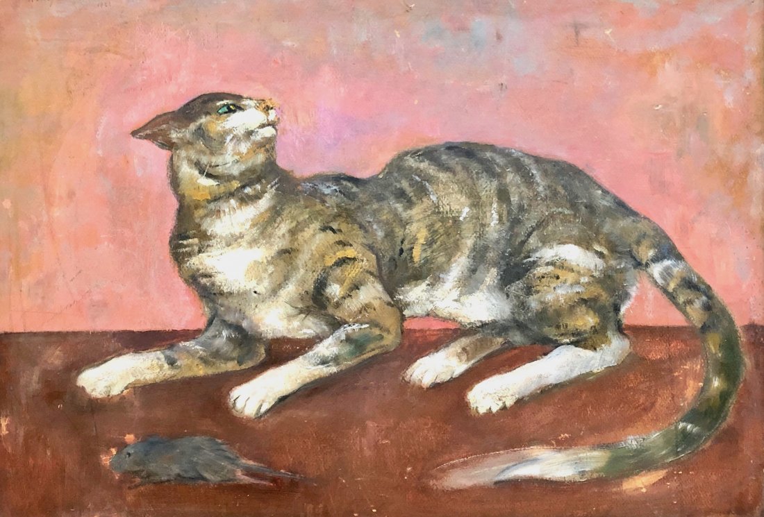 HENRY CARO-DELVAILLE (1860-1943, France) Cat: French impressionist cat. Oil on board. 30 x 21 1/2 in. (framed). Born Henri Delvaille in Bayonne ( Basses-Pyrénées ) on July 6 , 1876 and died in Sceaux ( Hauts-de-Seine ) on July 6 , 1928 , is a F