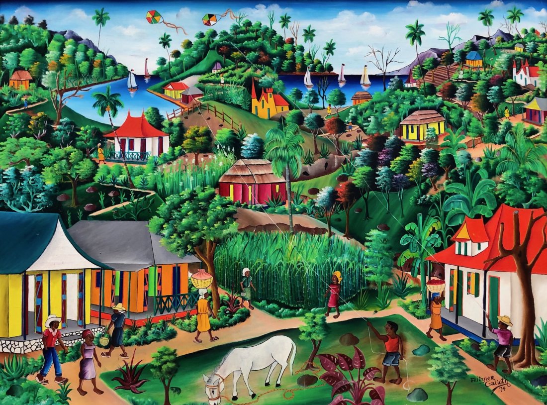 FRITZNER GALIOTH (20th c, Haiti) Large Naive Scene (1 of 4)
