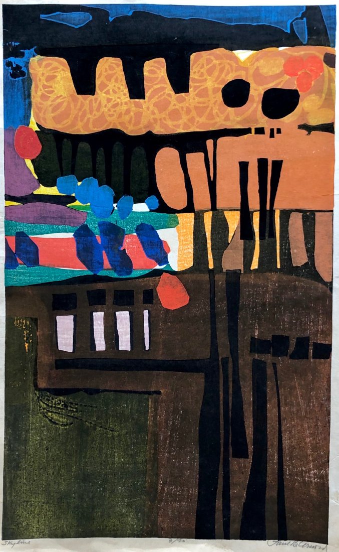 PAUL BEAVER ARNOLD (b. 1918, Ohio) Skyline Abstract: Silkscreen on paper, 23 x 14 1/2 in. An authority on Intaglio and Woodcutting, Paul Arnold was an instructor of art at Oberlin College for forty-four years, from 1941 to 1985 and also was Chair of tha
