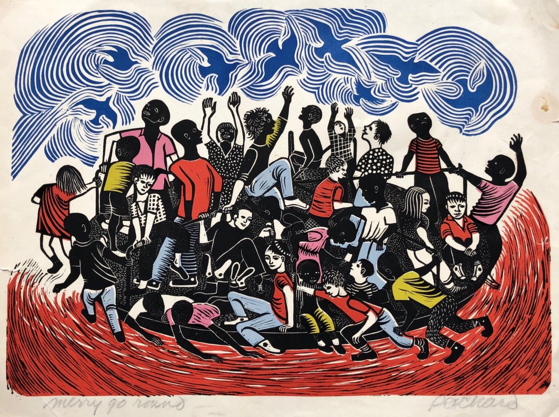 EMMY LOU PACKARD (1912-1998, California) Merry Go Round: Modernist. Linocut on paper. 22 1/2 x 17 1/2 in. Emmy Lou Packard was born in California in 1914. She lived in Mexico City as a child; while there she received regular art criticism and encouragement 