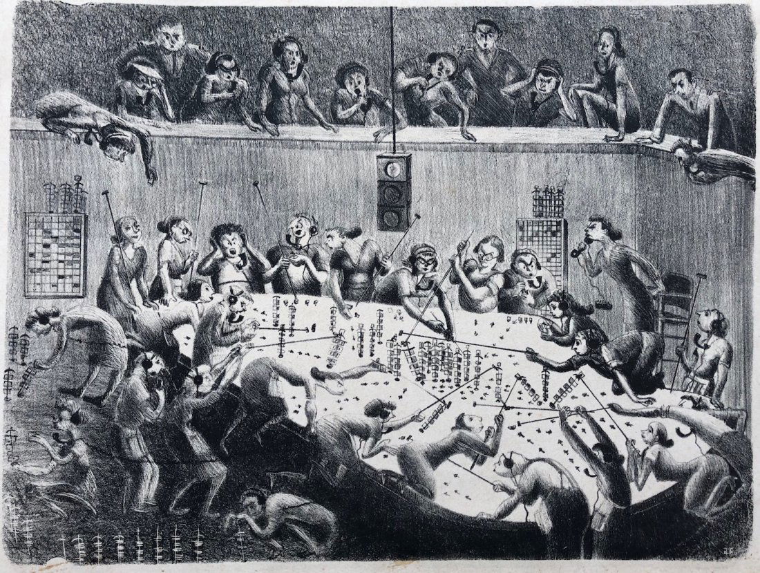 American WPA WWII Era Lithograph War Room (1 of 2)