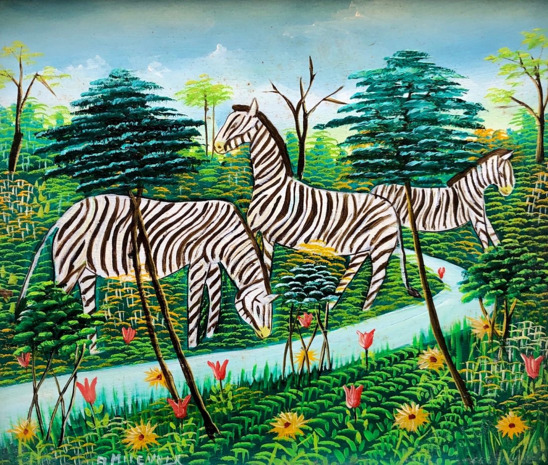 FRITZ MILLEVOIX (b. 1957, Haiti) Zebras: Oil on masonite. 12 x 10 in. Port Au Prince, Haiti gallery stamp verso, Nader's. Fritz Millevoix was born in Port-au-Prince, Haiti, in 1957 and began painting at the age of 14. Despite his four years