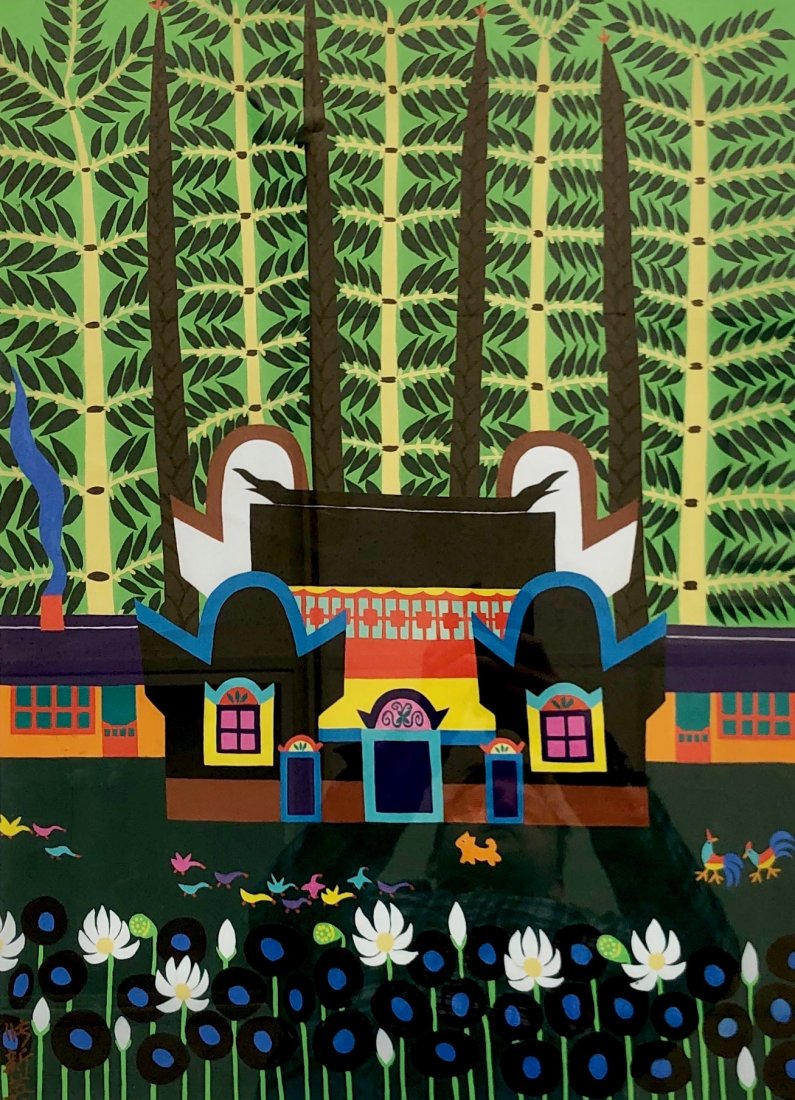 ZHANG XING YING (20th c, China) Peasant Painting: Gouache on paper. Dingshan peasant painting. Naive scene. Sold by Gilbert Luber Gallery, Philadelphia. 23 1/2 x 17 in. (sight), 31 x 25 in. (framed)