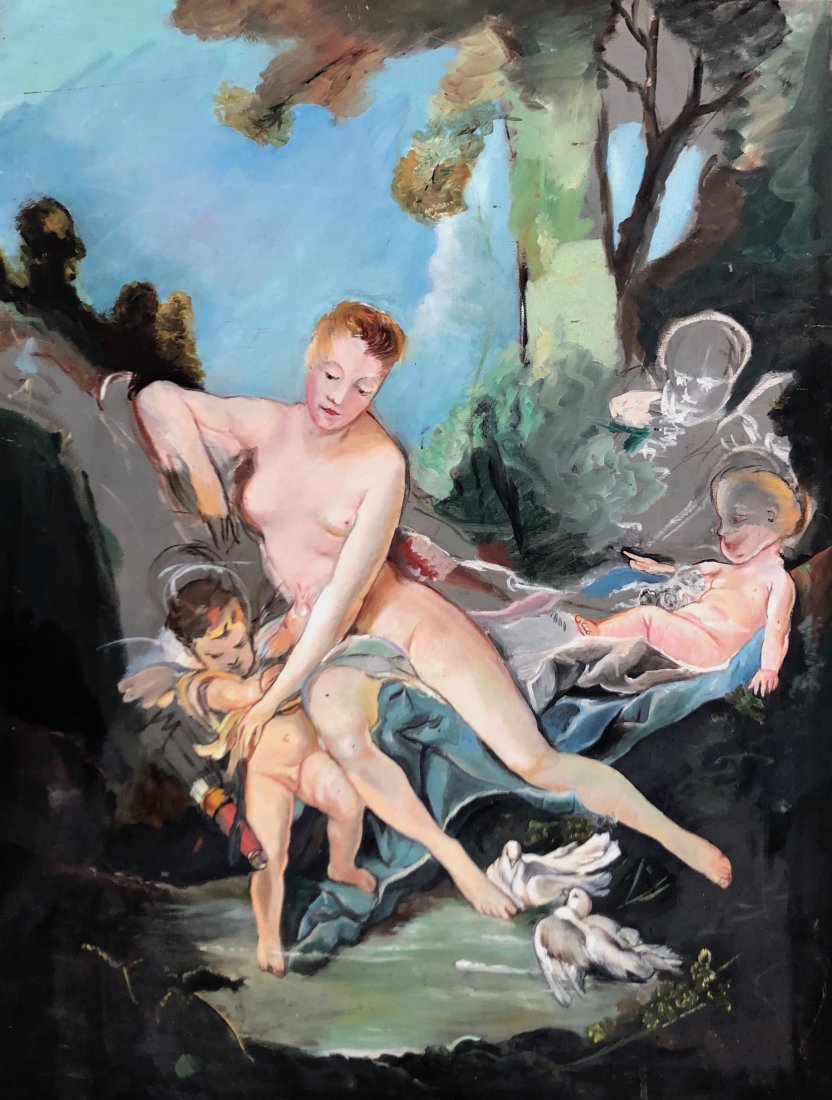 Modernist Mid-Century Renaissance Cherub Garden Scene: Modernist twist on a Renaissance subject. Oil on canvas. 44 x 34 in.