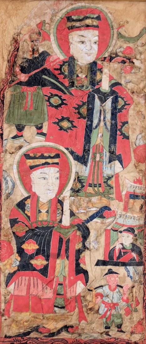Asian/Indian Painting Oil On Cotton: We are not sure the age or history of this item. This from a Queens estate and all we have to go off of is the estate tag attached to the back. Please use your judgement on this piece. 17 x 38 1/2 in.