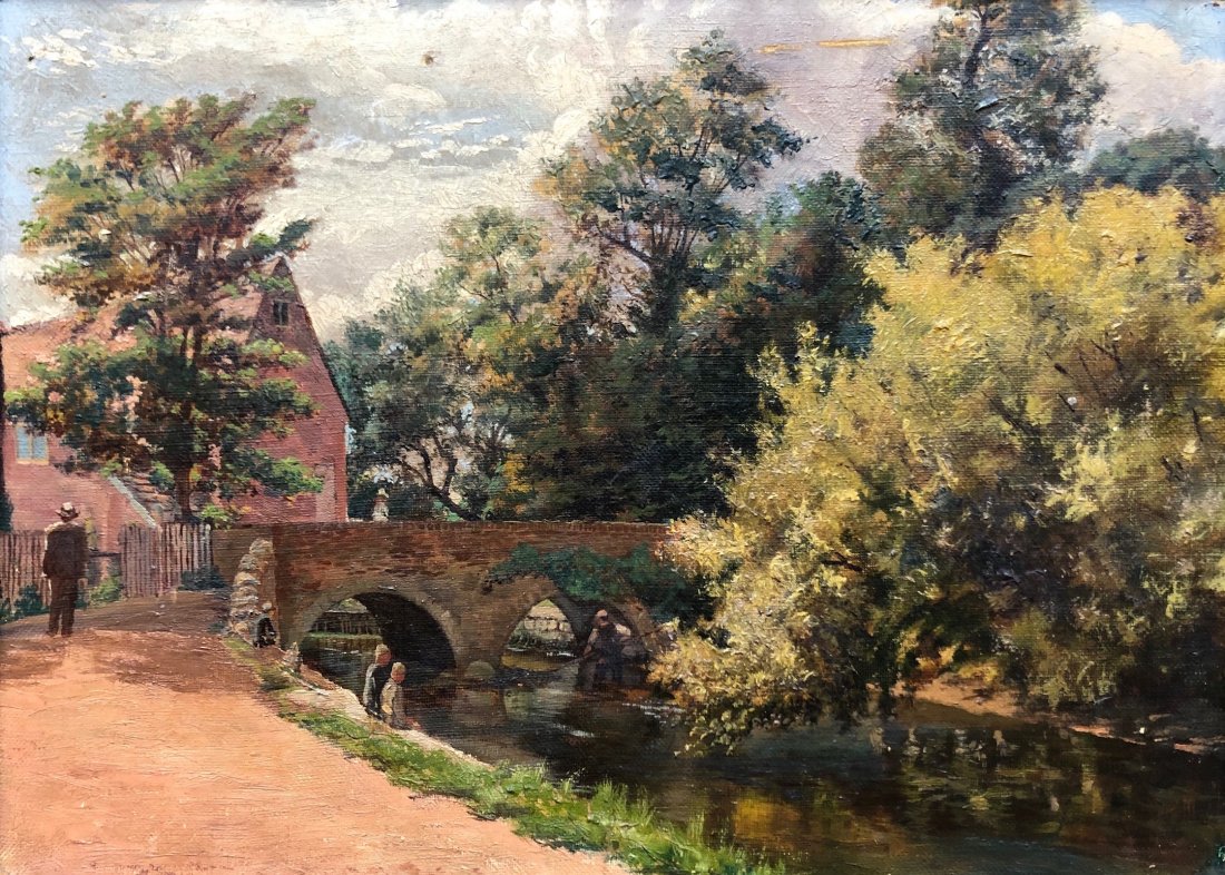 Attr. GEORGE THOMPSON PRITCHARD (1878-1962, UK): Unsigned. Tag verso titled "Fisherman's Walk", Bournemouth, England. Oil on canvas 16 x 12 in., 19 1/4 x 15 1/4 in. (framed).Born in Havelock, New Zealand on April 11, 1878. Pritchard studied in Auckl