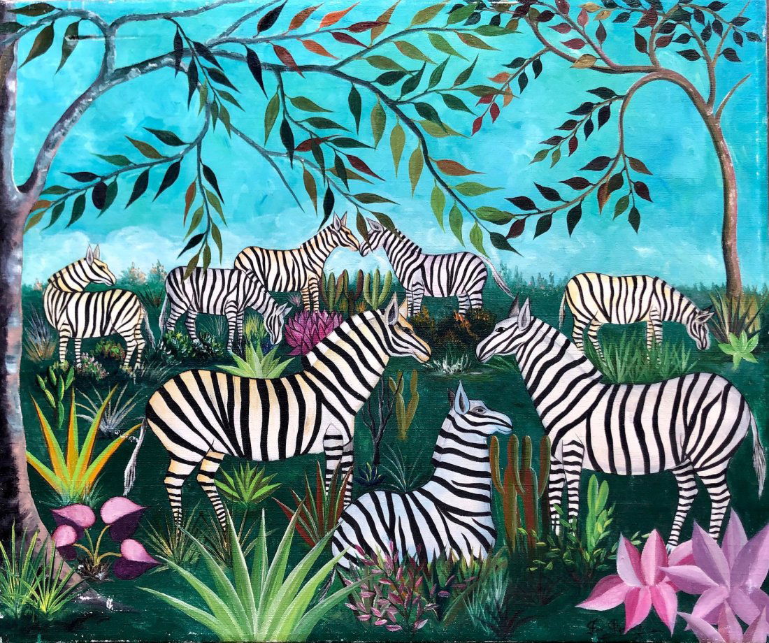 FERNAND PIERRE (1919-2002, Haiti) Naive Zebra Scene (1 of 6)
