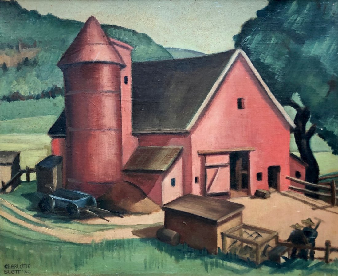CHARLOTTE HARRINGTON SCOTT (1905-1963) WPA: Farm house landscape signed and dated 1936. Oil on canvas board, 18 x 15. French gallery stamp verso. From a Connecticut estate.