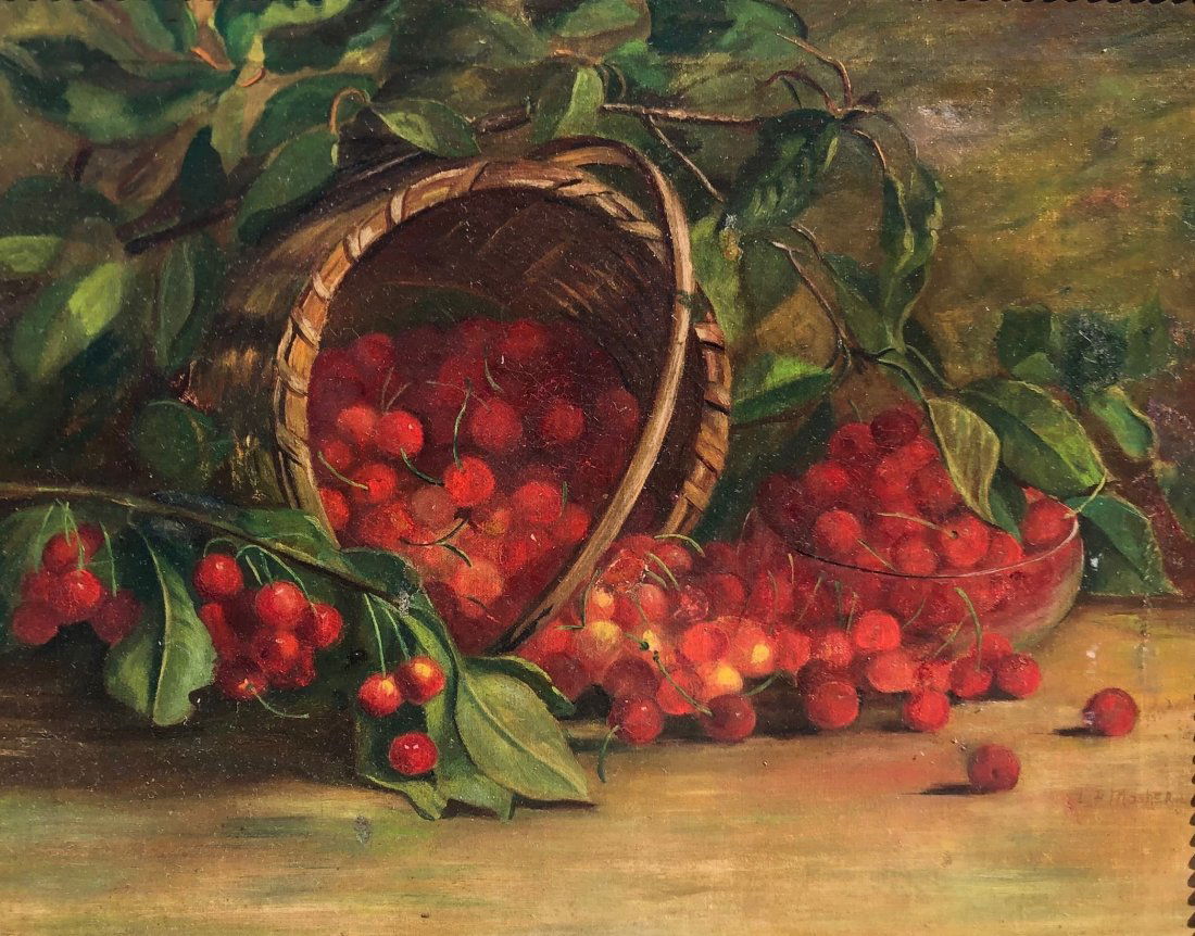 19th C American Still Life Of Cherries Signed LR MOSHER (1 of 7)