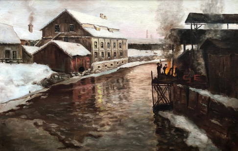 19th C. River Scene Style Of FRITS THAULOW (1847-1906): Winter river scene. Appears unsigned but it looks like you could possibly make out partial letters in the lower right corner. The painting is old and has been restored. The work resembles that of Frit