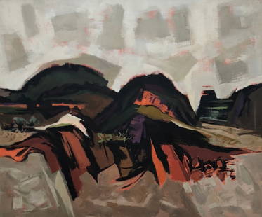 KENNETH EVETT (1913-2005, Colorado) Landscape: Oil on canvas. 48 x 40 in. (canvas), 55 x 47 in. (framed). From askart: Born Loveland, CO, 1913; died Ithaca, NY, May 28, 2005. Painter, specifically figure, portrait, mural. Studied at the Kirkland S