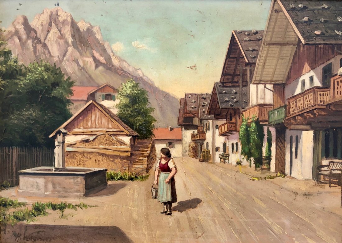 Early 20th C. German Village Scene Signed H. Wagner: Oil on board, 18 x 13 in.