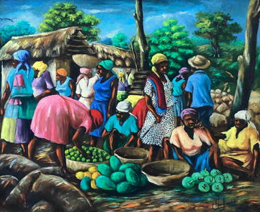 Impressionist Haitian Village Scene Illegibly Signed: Oil on canvas. 24 x20 in. (canvas). From a Washington DC estate. Quality mid-century Haitian frame. Village scene. Signed lower right.