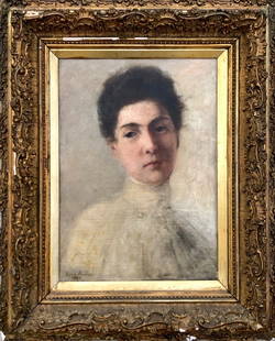 DORA WATSON (19th Century, England) Portrait: Oil on canvas in a beautiful gold gesso frame. 18 x 13 in. (canvas), 25 x 21 in. (framed). The portrait is of Anne Frances Duduce, daughter of Violet Sinclair Watson "Vitie". From a New England
