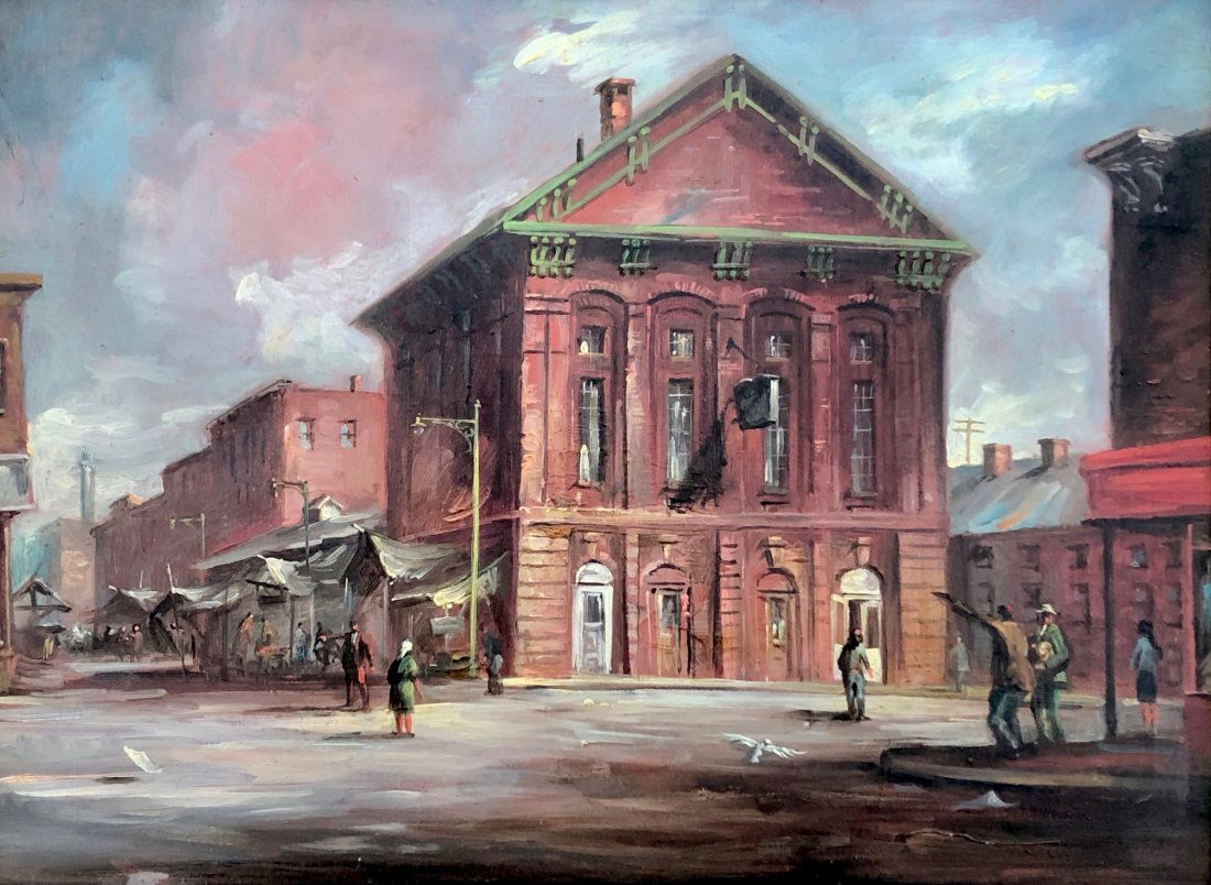 Attr. JOSEPH SHEPPARD (b. 1930, Maryland) Street Scene: Unsigned. From a Maryland estate. Oil on masonite. Most likely a Baltimore scene. 16 x12 in., 24 x 20 in. From askart.com: Focusing on the human form, Joseph Sheppard has created paintings and sculptu