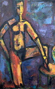 Mid-Century Modern Figural Abstract Signed AK: Oil on canvas, 32 x 20 in. Possibly German.