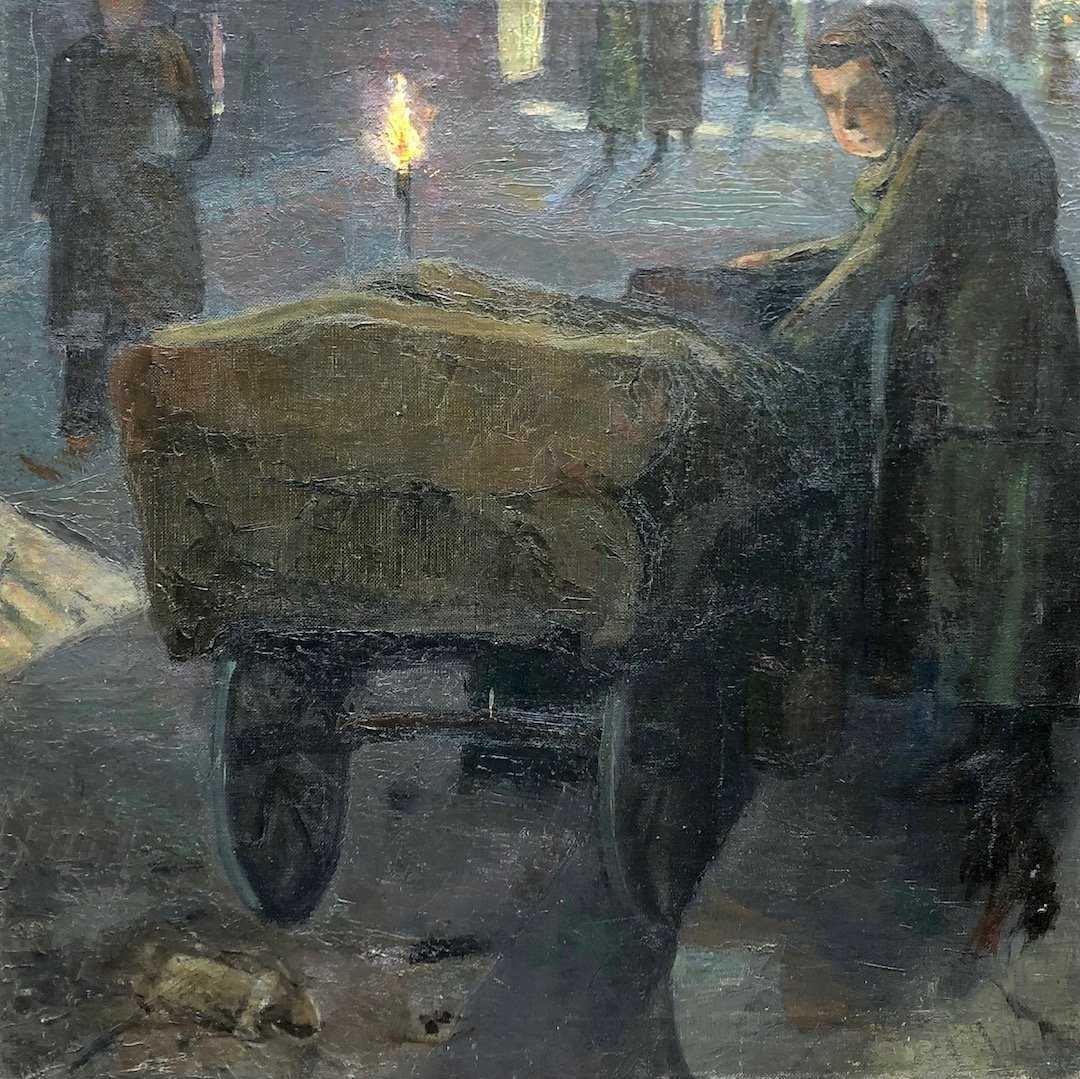 JOHN HERBERT HINCHMAN (1884-1948, Michigan) WPA: Depression era scene. Oil on canvas 27 x 27 in. Unsigned. From a Connecticut estate. Born in Detroit, MI on April 4, 1884. Hinchman studied at the Detroit School of Fine Art, with Wicker, Hawthorne, K