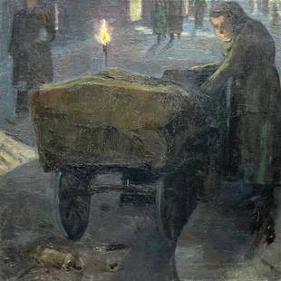 JOHN HERBERT HINCHMAN (1884-1948, Michigan) WPA: Depression era scene. Oil on canvas 27 x 27 in. Unsigned. From a Connecticut estate. Born in Detroit, MI on April 4, 1884. Hinchman studied at the Detroit School of Fine Art, with Wicker, Hawthorne,