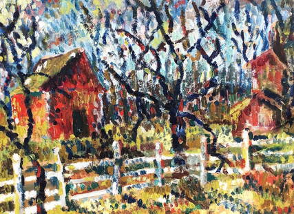 American Impressionist Landscape Unsigned: Oil on canvas 19 1/4 x 14 in. It is unsigned. It was originally framed in an unnatural broken frame and most likely has unfortunately been cut to fit the frame. It is unsigned.