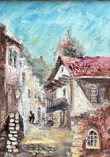 Impressionist European Village Scene Illegible Sig: Oil on canvas. 13 1/2 x 9 1/2 in. (sight), 20 x 16 in. (framed).