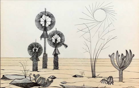 ALDEMIR MARTINS (1922-2006, Brazil) Desert Landscape: 26 x 17 in. (sight), 33 1/2 x 26 in. (framed). Ink on paper dated 1957. Surrealist subject. From a Washington DC estate. Framed under glass. Aldemir Martins (born in Ceará on November 8, 1922; died