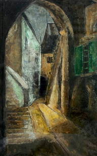 Modernist Israeli Street Scene Of Jerusalem Signed: Illegible signature. Tempura on paper. 20 x 12 1/2 in. (sight), 26 1/4 x 18 1/4 in. (framed)