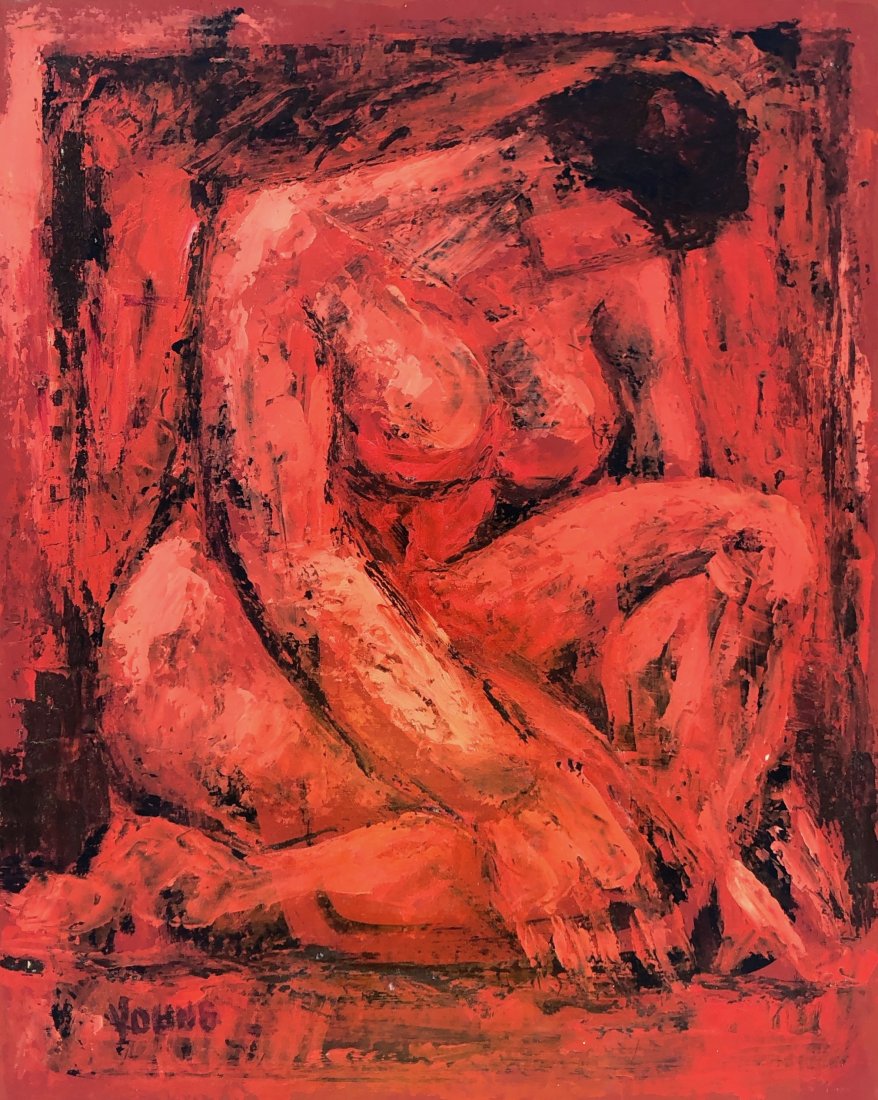 Expressionist Red Figural Nude Abstract Signed Young: Mid-century modern. Oil on masonite, 21 x 17 in. From a Chevy Chase, MD estate.