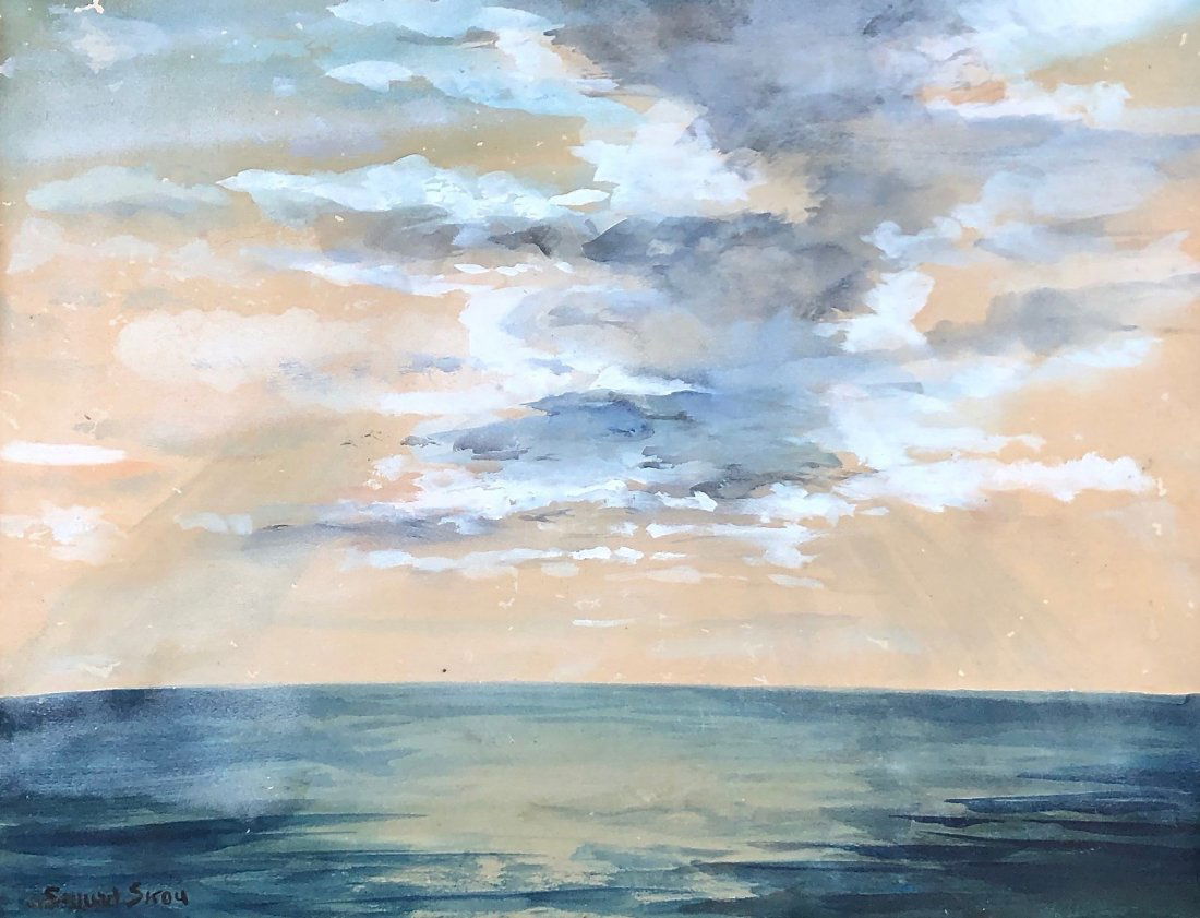 SIGURD SKOU (1875-1929, Norway) Luminist Seascape: 17 x 13 1/2 in. (sight), 25 x 21 in. (framed). Watercolor on paper. From a Maryland estate. Born in Oslo, Norway, Skou was a student of Anders Zorn in Stockholm and Christian Krolig in Paris. Early in