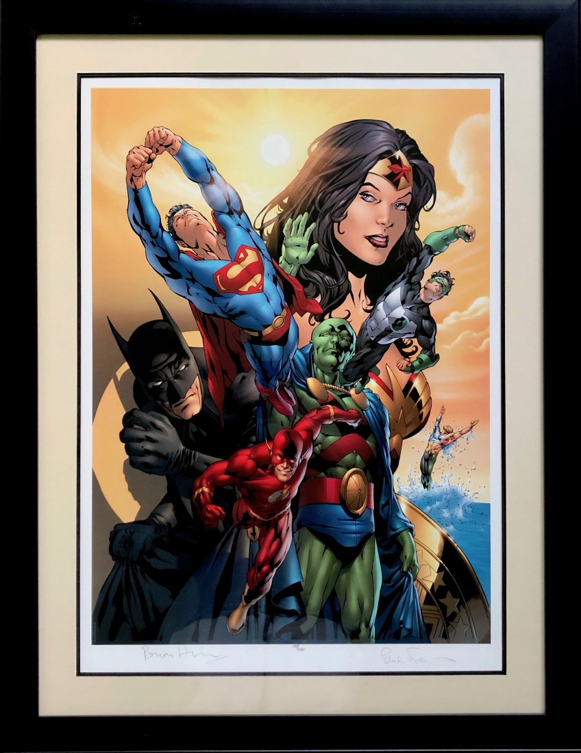 The Justice League Of America: Power Beyond Compare: 36 x 28 in. (Framed). Edition signed 250. Signed by Brian Hitch and Paul Neary. From a Mount Holly, NJ animation art collection.
