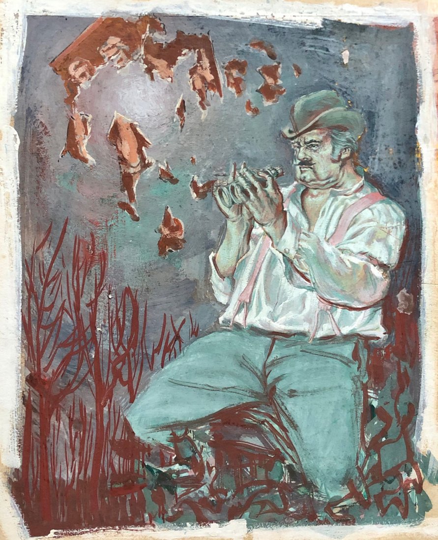 Early 20th c. American Book Illustration Signed LSG: "From a vantage point en atrellies?, he saw more than he bargained for" Gouache on illustration board. 13 1/2 x 11 1/2 in. (board)